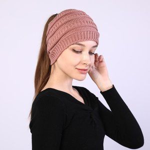 Women's Knit Beanie with Pony Tail Hole at Top Wool Blend Mauve Comfy & Stretchy